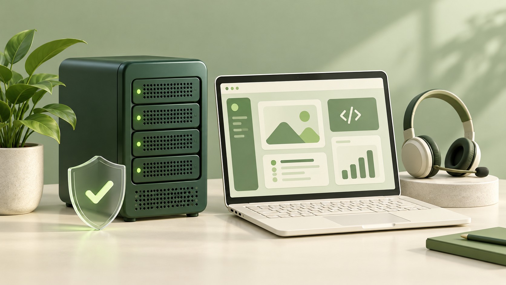 Illustration of a hosting server, web application and security shield